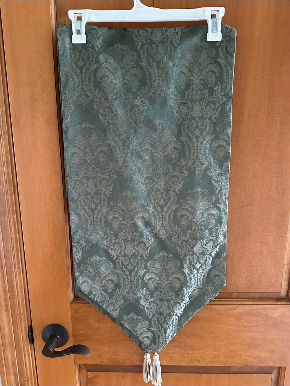 Green Damask Table Runner with Tassels 88”